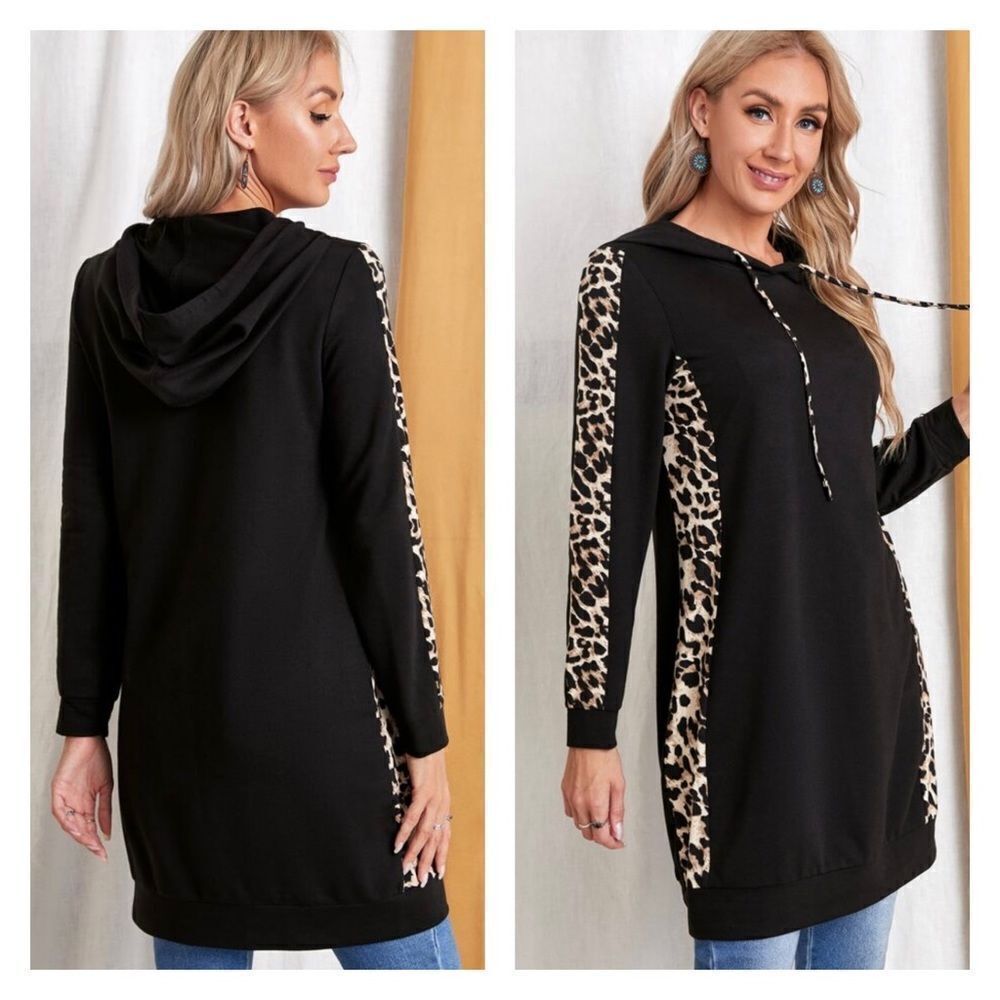 Contrast Leopard Panel Drawstring Hoodie/Tunic